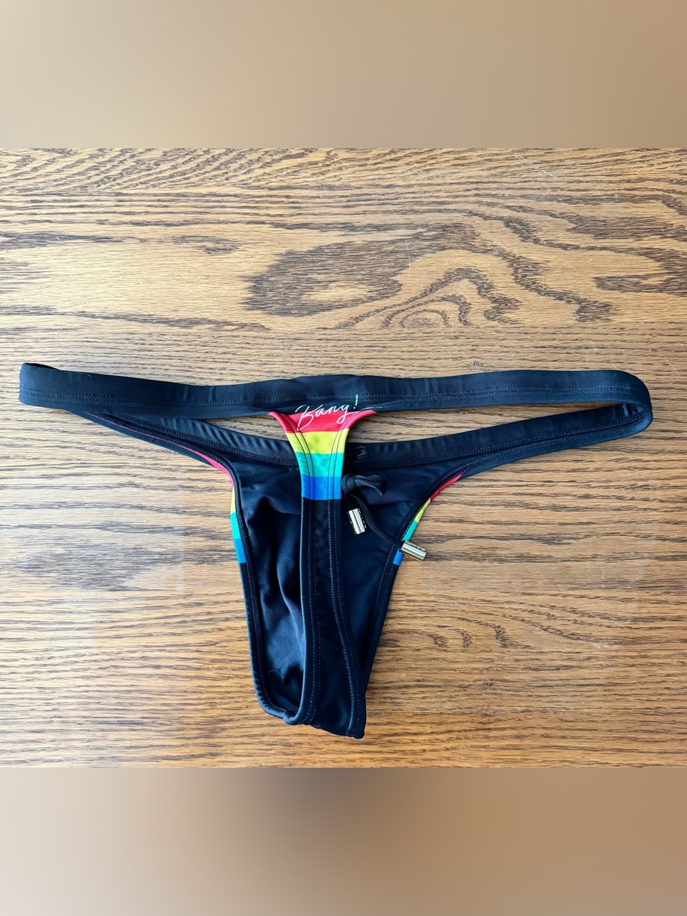 Men’s BANG! Miami “Fourever Stripes” Swim Thong in Black (M) - Picture 2 of 4